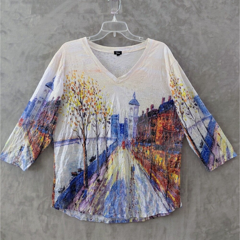 Shana Burnout Watercolor Village V-Neck Top Women's XL Art to Wear Crinkle EUC